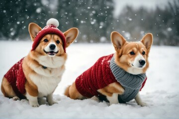 next park hats cute heavy each other winter walk red snowfall funny two warm day knitted corgi dogs sitting dog2 snow hat couple animal together near twin brother jan grass field caring pet white ear'
