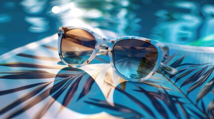 A pair of eyewear rests on top of an open magazine by the azure pool, reflecting the electric blue water. A scene of leisure and relaxation by the fluid aqua AIG50