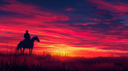 Silhouette of a cowboy riding at sunset