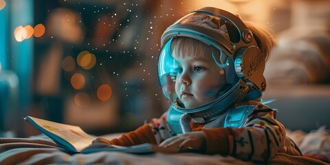 Curious Young Astronaut Exploring Future Technologies with Digital Book in Futuristic Night Setting