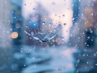 A single, sharp raindrop splashing on a window pane, the cityscape outside blurred by the falling rain 