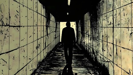 Man walking through tunnel silhouette minimalist concept . Concept Minimalist Photography, Silhouette Art, Tunnel Perspective, Solo Journey, Abstract Portrait