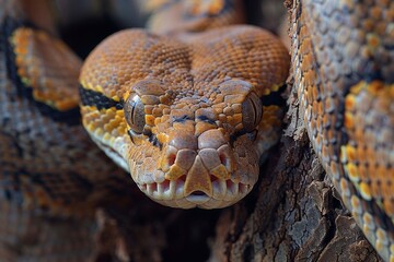 Fototapeta premium Boa Constrictor: Wrapped around a tree trunk with muscular body, illustrating strength
