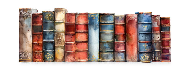 A lineup of ancient, frayed books illustrated in watercolor hues
