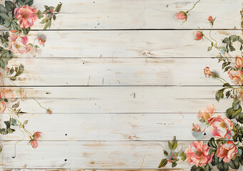 rustic white wood background with painted flowers