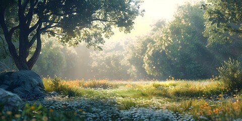 Serene Forest Landscape with Glowing Sunbeams and Misty Atmosphere Capturing the Essence of Nature s Timeless Beauty and Cultural Significance