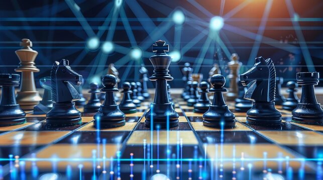 Chessboard with pieces representing companies vying for market dominance