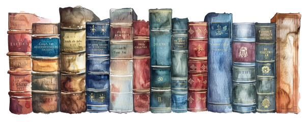 A line of vintage, worn-out books depicted in delicate watercolors