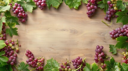 A wooden surface framed by lush grape clusters and green leaves, ideal for seasonal themes.