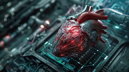 A symbolic image of a human heart with technological elements integrated into its design, representing the future of human augmentation 