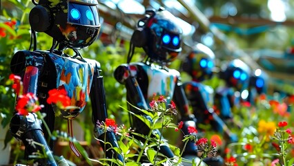 Fototapeta premium Automated Agricultural System: Robotic Harvesting and Artificial Irrigation. Concept Robotic Harvesting, Artificial Irrigation, Automated Agricultural System