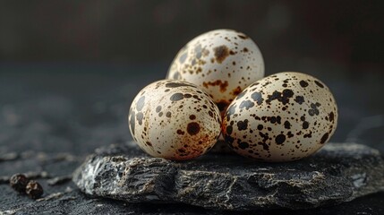 Group of quail eggs on a rugged black surface 8K , high-resolution, ultra HD,up32K HD