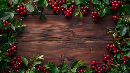 Red berries and green leaves beautifully arranged on a dark wooden background with ample copy space.