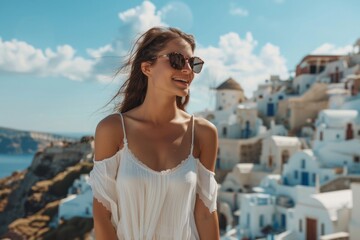 The beautiful girl knew that she would carry the memories of the Greece island's breathtaking architecture with her forever, a reminder of the beauty and magic that awaited her on her next adventure