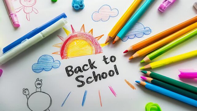 An animated illustration featuring a child's colorful drawing with the words and phrase "Back to School." Depicting a child's educational theme and concept of returning to school.