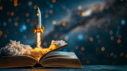 A captivating image depicting a rocket launching from an open book, symbolizing the explosive and transformative power of education