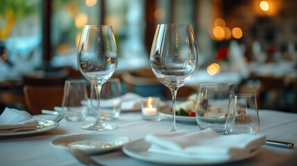  restaurant tables with beautifully arranged tables, modern dishes, wine glasses and touch of natural for urban lifestyle concept restaurant, bar, coffee shop