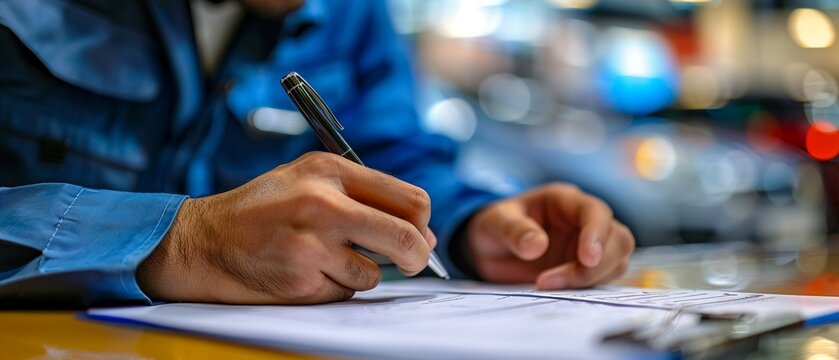 Person signing a contract document at a car dealership repair shop 8K , high-resolution, ultra HD,up32K HD