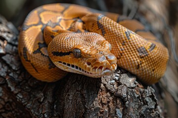 Fototapeta premium Boa Constrictor: Wrapped around a tree trunk with muscular body, illustrating strength