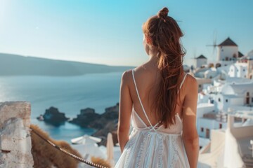 As she stepped onto the sun-kissed shores, the beautiful girl was immediately captivated by the island's stunning architecture, a blend of ancient ruins and whitewashed buildings