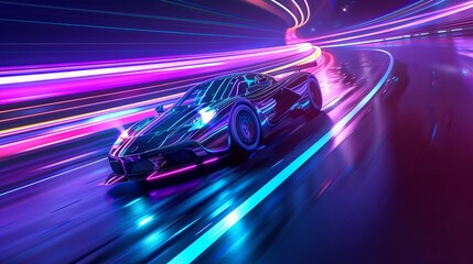 Illustration of a futuristic sports car speeding on a neon highway at night, showcasing powerful acceleration and colorful lights. 3D