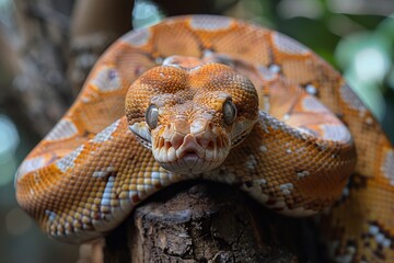 Fototapeta premium Boa Constrictor: Wrapped around a tree trunk with muscular body, illustrating strength
