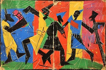 A colorful abstract painting of five figures dancing - obrazy, fototapety, plakaty