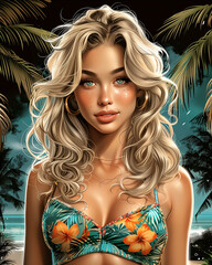 A woman with blonde hair and a bikini top with flowers on it