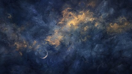 A watercolor painting of a starry night sky with soft, swirling clouds and a crescent moon 