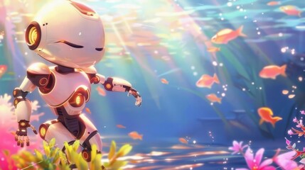 Fototapeta premium An illustration of a cute robot walking on the ocean floor