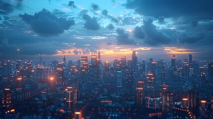 Fototapeta premium Futuristic Cityscape A D Rendering of Sustainable Smart City Initiatives Showcasing Energy Efficiency Illumination and Architectural Innovations