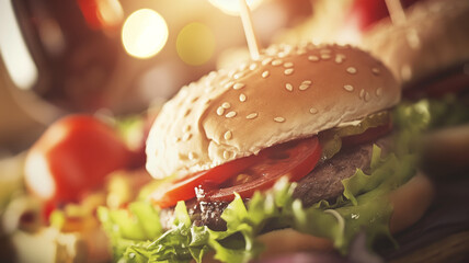 burger, hamburger made with fresh ingredients. Perfect lighting that emphasizes the attractiveness...