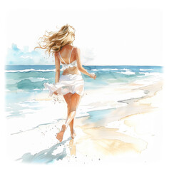 Naklejka premium Woman running joyfully on the beach