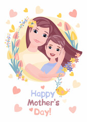 Cute cartoon mom and son. Mom hugs her child. Flowers, hearts. Beautiful people. Mother's Day card. Family life. Happy Mother's Day inscription. Vector illustration