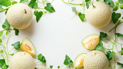 Fresh whole and sliced cantaloupe melons with green leaves on a light background, perfect as a healthy food concept.