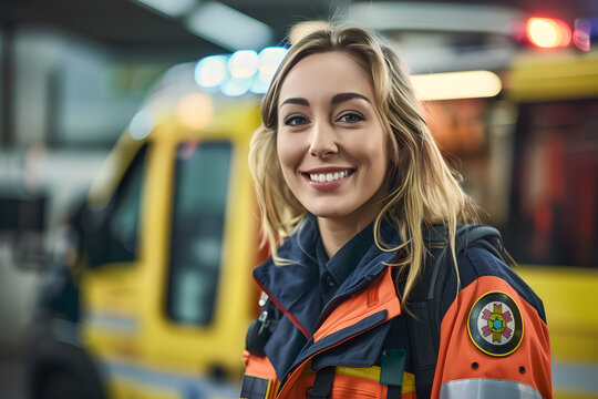 Portrait of a smiling female paramedic blurred background ambulance.