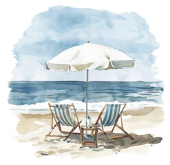 Beach chairs and umbrella by the sea