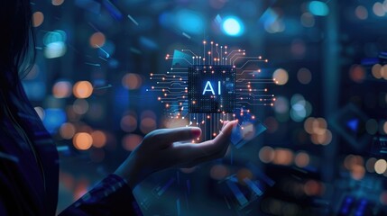 Woman holding a virtual AI chip in hand