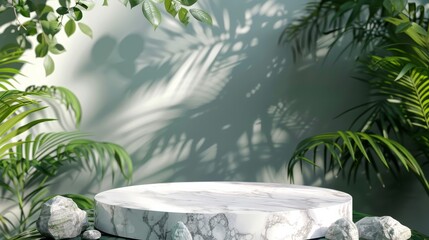 White marble product display with green leaves and shadows from palm trees