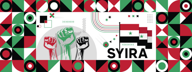 Obraz premium Flag and map of Syria with raised fists. National day or Independence day design for Counrty celebration. Modern retro design with abstract icons. Vector illustration.