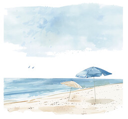Sunny beach day with two umbrellas in watercolor