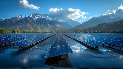 Renewable Energy Technology Driving Global Sustainability Scenic Solar Power Plant Overlooking Majestic Mountain Range and Pristine Lake
