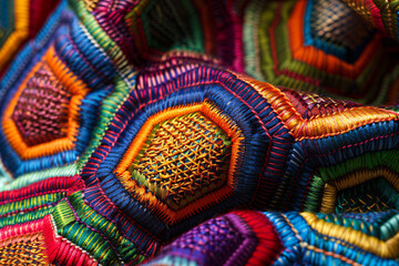 Close-up of Vibrant Handwoven Textiles Fabric with Colorful Embroidery Geometrical Patterns