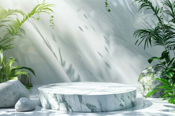White marble podium with green plants and rocks on a white background.