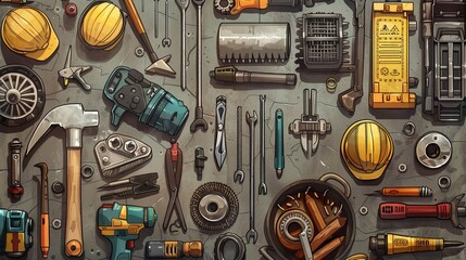 A diverse collection of construction tools and equipment, ideal for manufacturers in the construction industry. images of hammers, screwdrivers, essential tools for construction projects. - Powered by Adobe