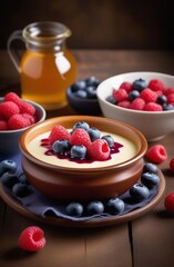 Panna cotta with fresh berries and salted caramel. Rustic style