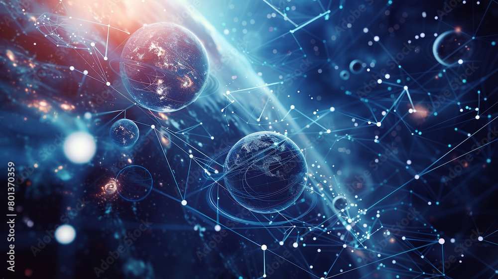 Wall mural orbiting digital planets in a networked galaxy, illustrating interconnected data systems.