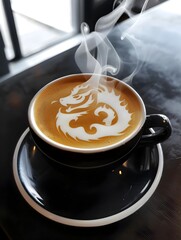 Steaming Cup of Mythical Latte Art Showcasing Creative Cafe Beverage Design