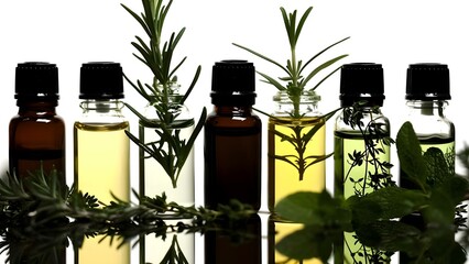Still life image of small bottles of essential oils and herbs . Concept Product Photography, Essential Oils, Herbs, Still Life, Small Bottles - obrazy, fototapety, plakaty