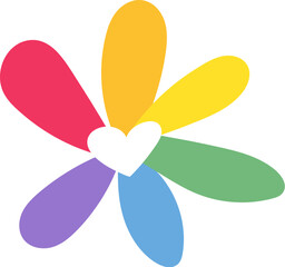 Rainbow blooming chamomile flower in rainbow stripped colors. LGBT party icon for design of card or invitation. Multicolored vector symbol isolated on white background